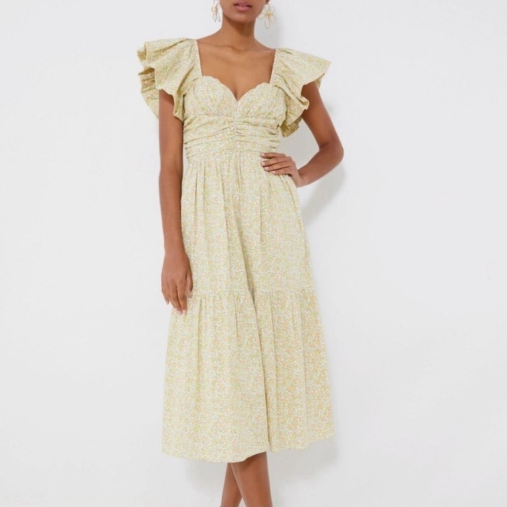Tuckernuck Hyacinth House Yellow Green Floral Cottagecore Midi Dress XXS - flaw